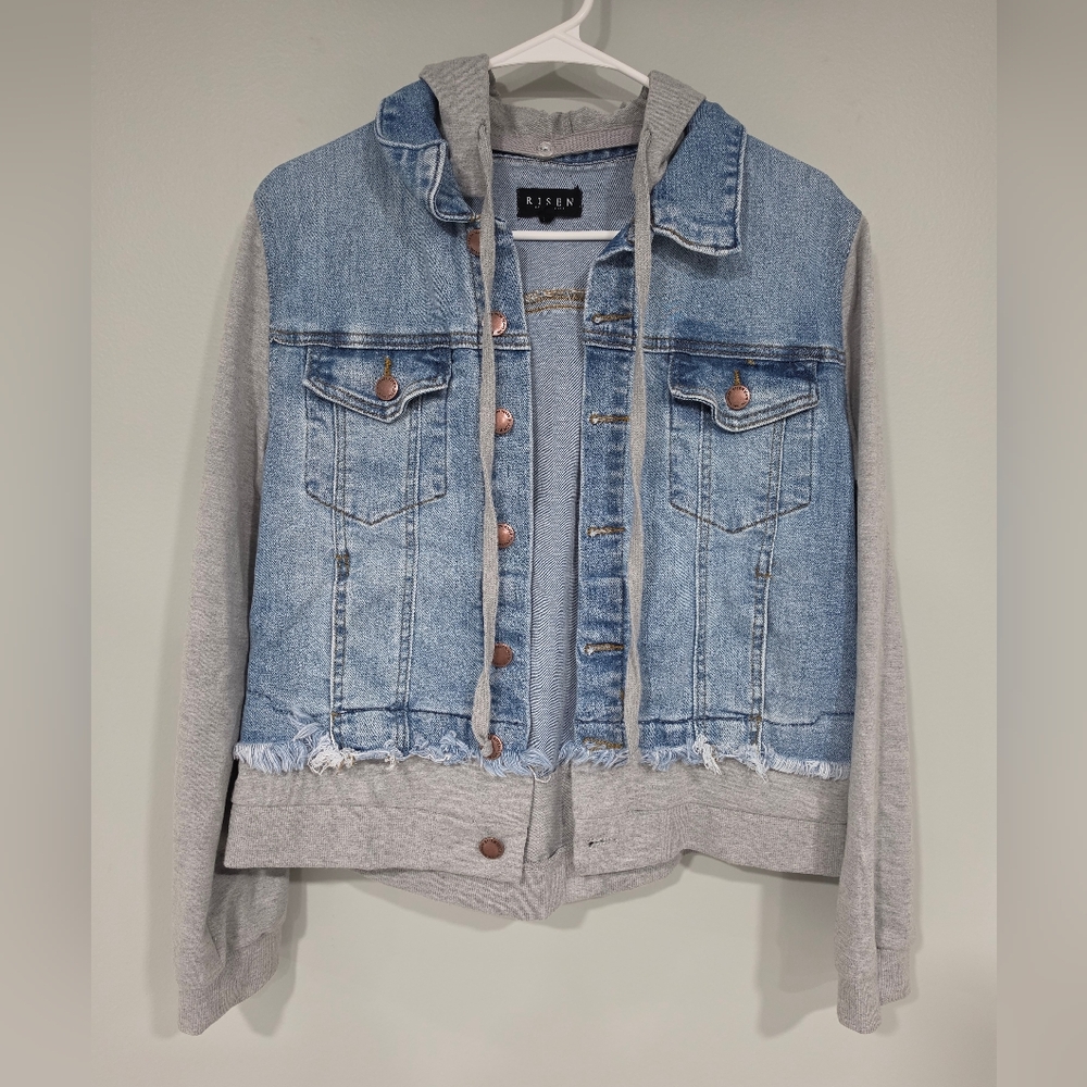 Risen Light Blue Denim Jacket with Gray Hoodie Sleeves
